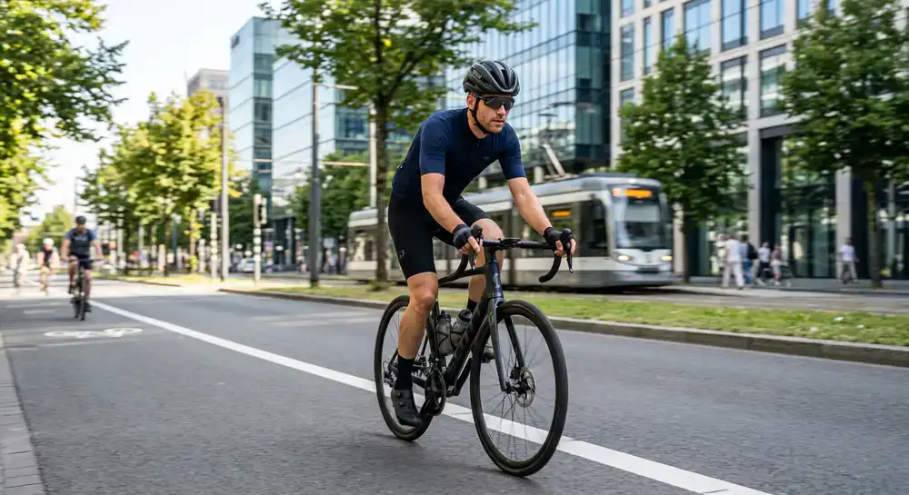 Ein aktiver Radfahrer mit modernem Helm in einer urbanen Umgebung