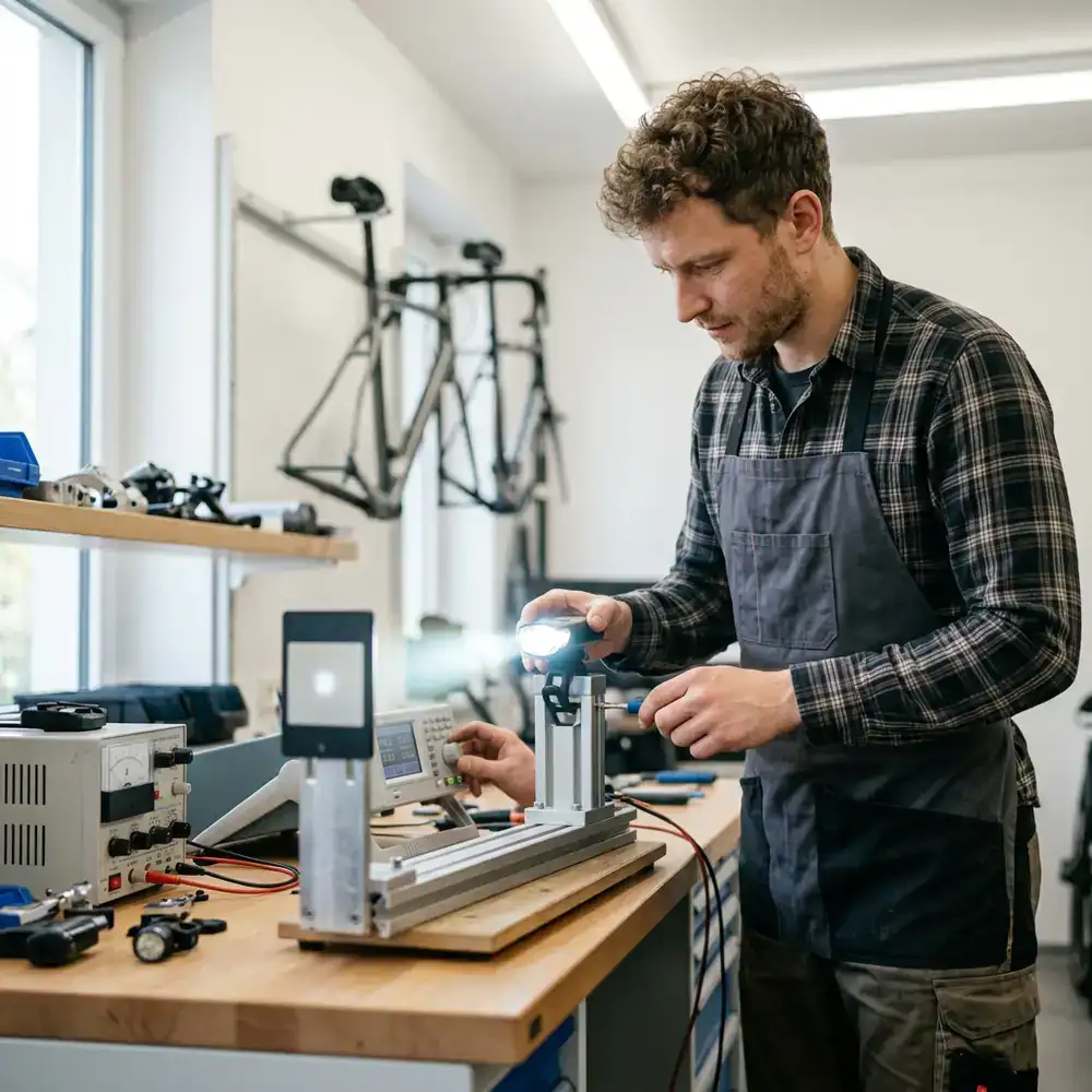 Mechaniker prüft ein Fahrradlicht auf dem Prüfstand