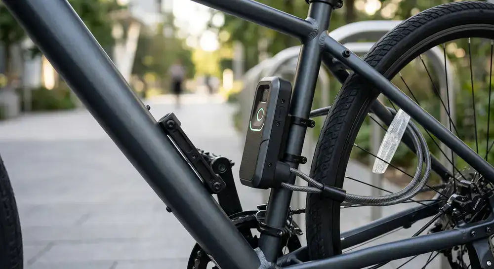 Detailaufnahme des neuen Yolvance Smart-Locks an einem modernen Fahrrad