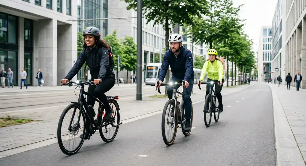 Radfahrer mit modernem Helm und Lichtzubehör in urbaner Umgebung