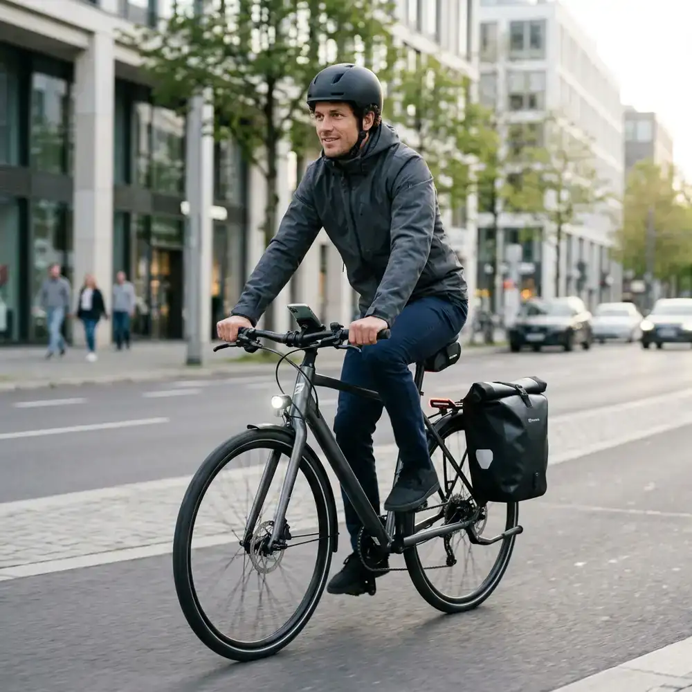 Radfahrer in der Stadt mit modernem Yolvance Fahrradzubehör