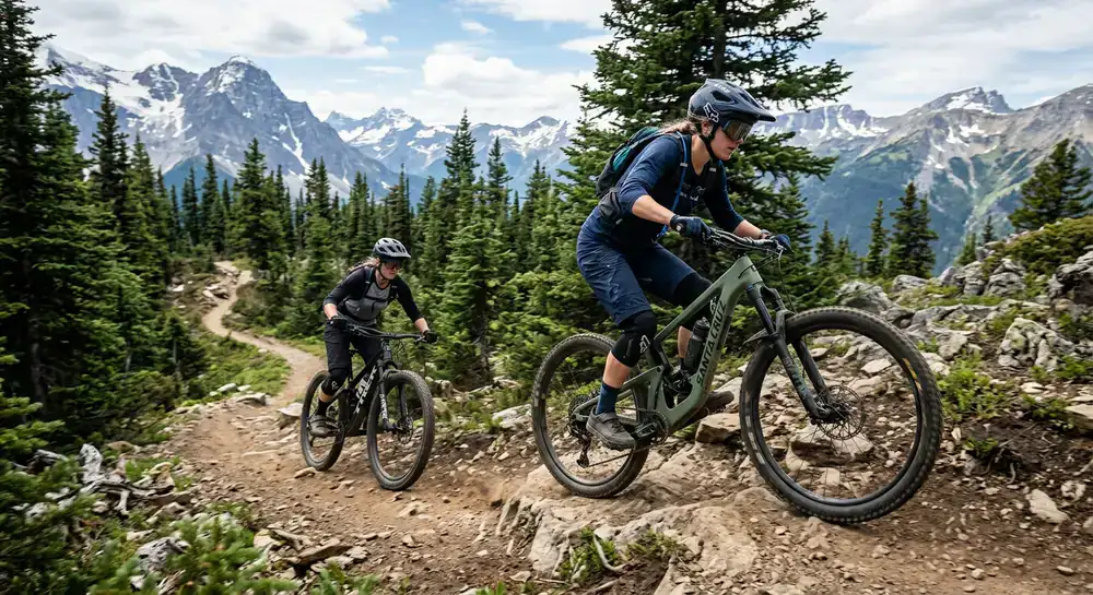 Mountainbiker auf einem Trail mit robuster Ausrüstung