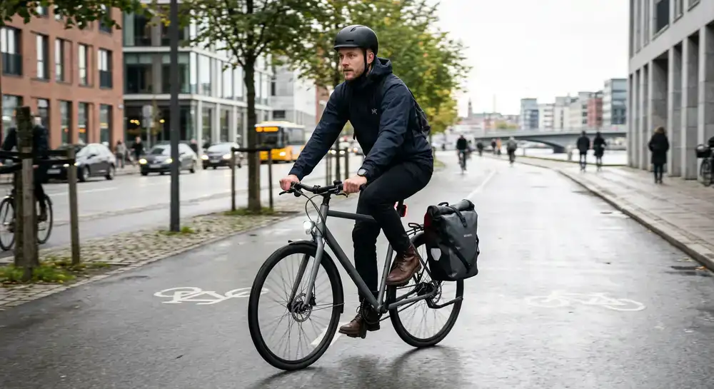 Städtischer Pendler mit wasserdichter Fahrradtasche